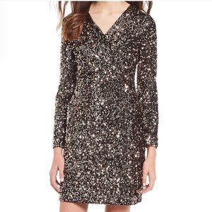 SAM EDELMAN Sequin Faux Wrap Long Sleeve Dress Bronze rose gold size 6 NWOT